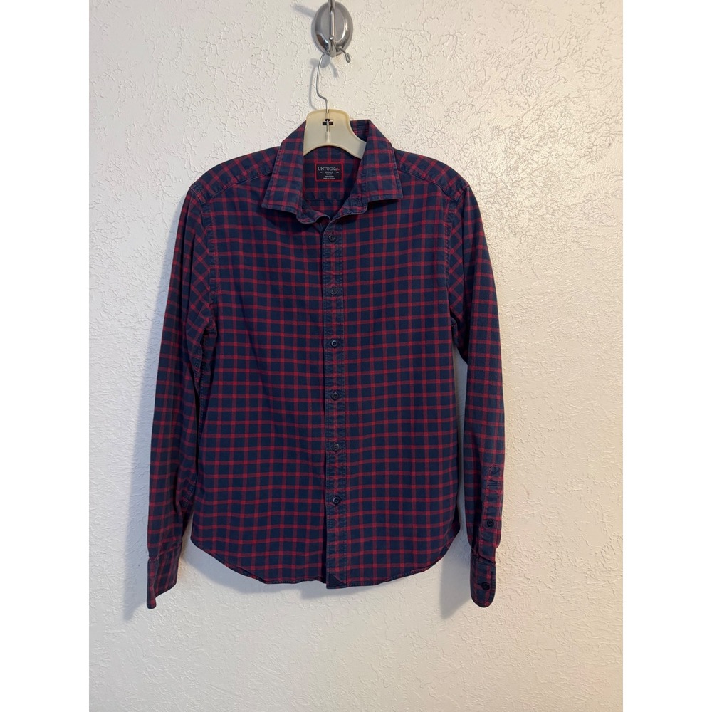 UNTUCKit Veldenzer Slim Fit Shirt Men Small Navy Red Gingham Plaid Western Chore